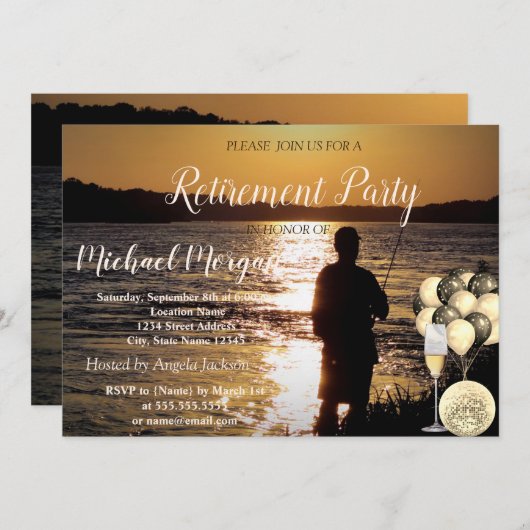 ワイングラス,風船,釣り,サンセット リタイアメントパーティー 招待状 (正面/裏面)