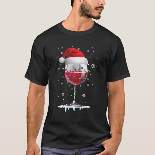 ワイングラスSanta Hat Christmas LightsワおもしろいインL Tシャツ (正面)