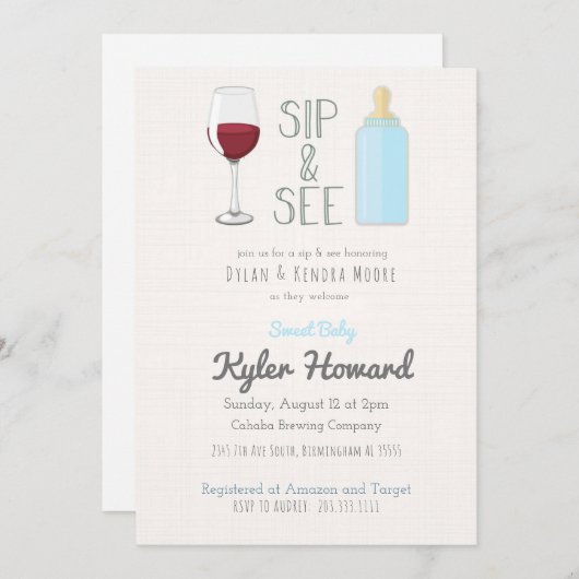 ワイングラスsip&シー男の赤ちゃんシャワー招待状 招待状 (正面/裏面)