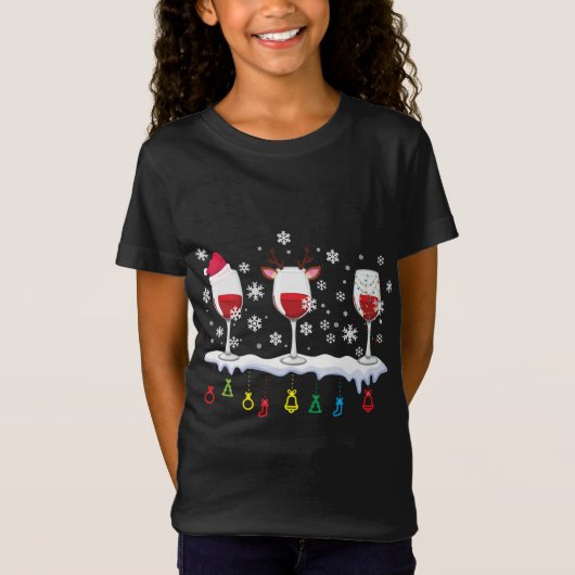 ワインサンタ帽子のクリスマス飲み物の3つのグラス Tシャツ (正面)