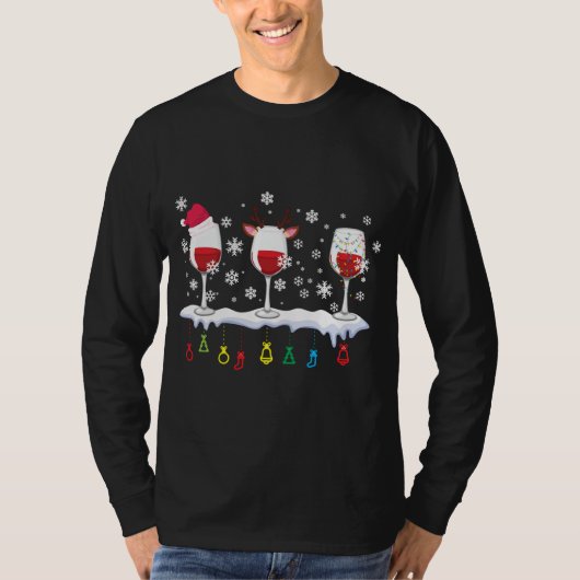 ワインサンタ帽子のクリスマス飲み物の3つのグラス Tシャツ (正面)