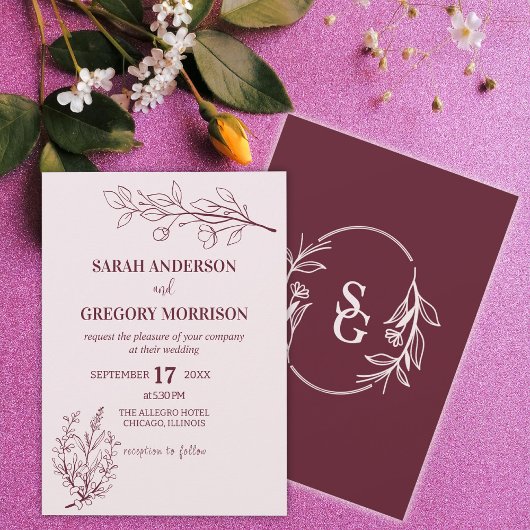 ワインシンプルボホーフローラバイカラー結婚ズ 招待状