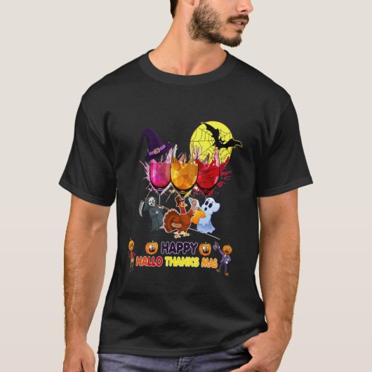 ワインズグラス感謝祭ハッピーハロ感謝祭 Tシャツ (正面)