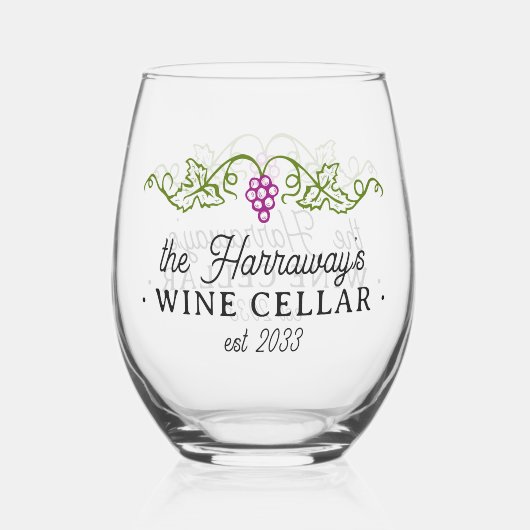 ワインセラー紫ブドウパーソナライズされた名日付 ステムなしワイングラス (正面)