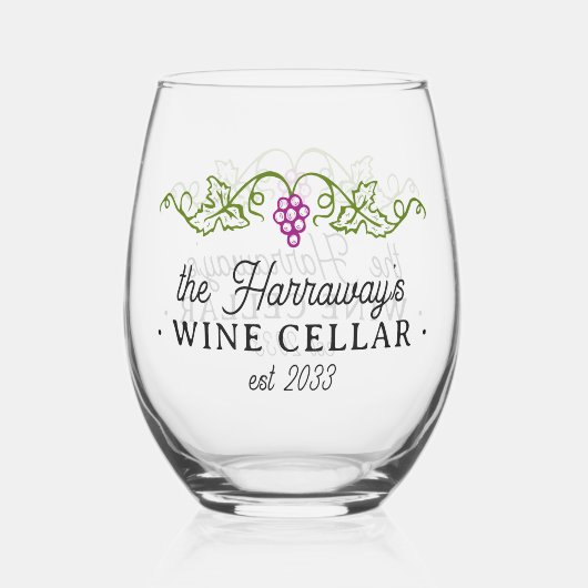 ワインセラー紫ブドウパーソナライズされた名日付 ステムなしワイングラス (裏面)