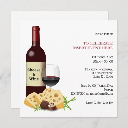 ワインチーズカクテルのパーティーフォーマル食事 招待状 (正面/裏面)