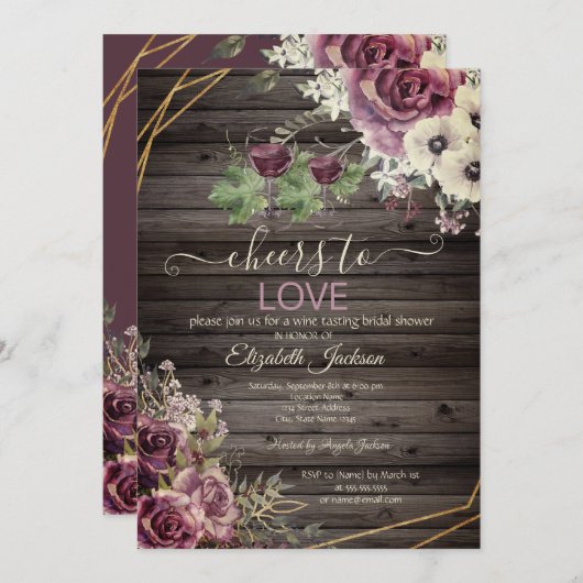 ワインテイスティングブルゴーニュフラワーズウッドブライダルシャワー 招待状 (正面/裏面)