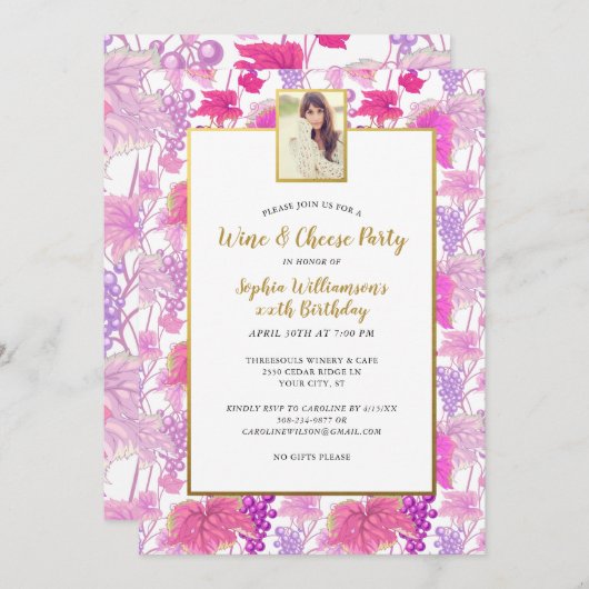 ワインテイストパープルグレープつる植物誕生日写真 招待状 (正面/裏面)