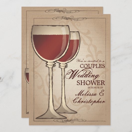 ワインテーエレガントマードカップルズウェディングシャワー 招待状 (正面/裏面)