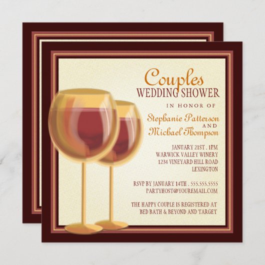 ワインテーエレガントマードカップルズウェディングシャワー 招待状 (正面/裏面)