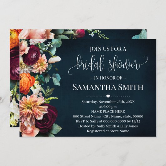 ワインネイビーブライダルシャワーブルグンディ結婚ズ 招待状 (正面/裏面)