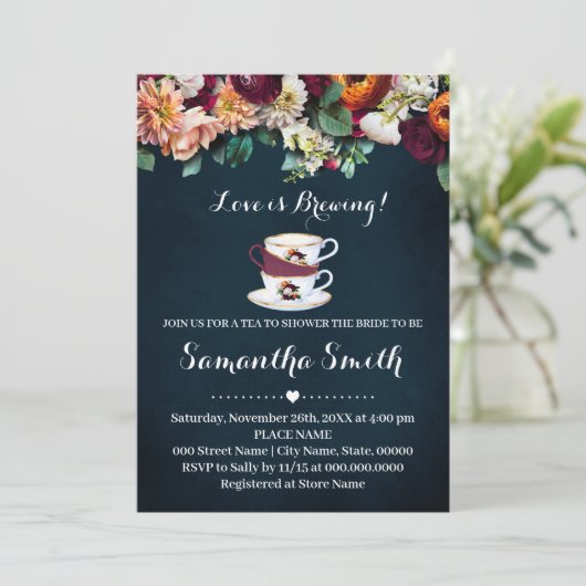 ワインネイビーラブイズブルーイング茶ブライダルシャワー招待状 シーズンカード (スタンド正面)