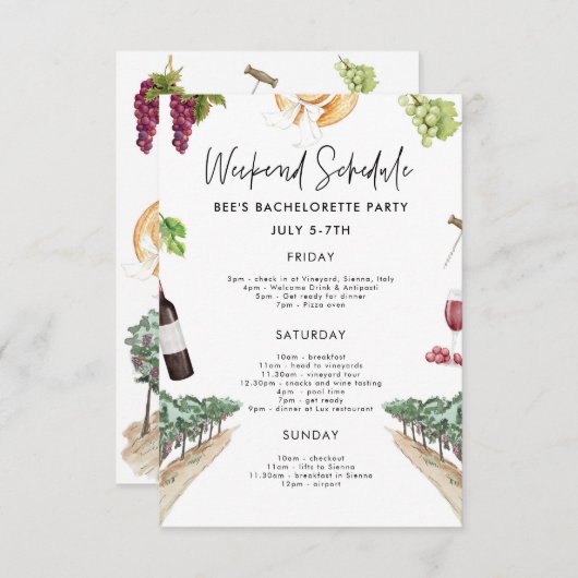 ワインバチェロレッテ週末の旅程招待状 招待状 (正面/裏面)