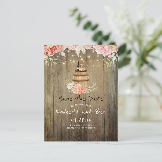 ワインバレルとピンクの花素朴が日付を保存 案内ポストカード (スタンド正面)