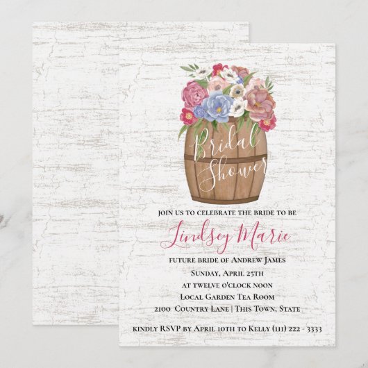 ワインバレルと花のブライズシャワー 招待状 (正面/裏面)