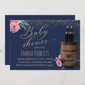 ワインバレルネイビー金ゴールド紙吹雪フローラベビーシャワー 招待状 (正面/裏面)