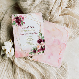 ワインバーガンディピンクとゴールドの花柄ファーストバースデー 招待状