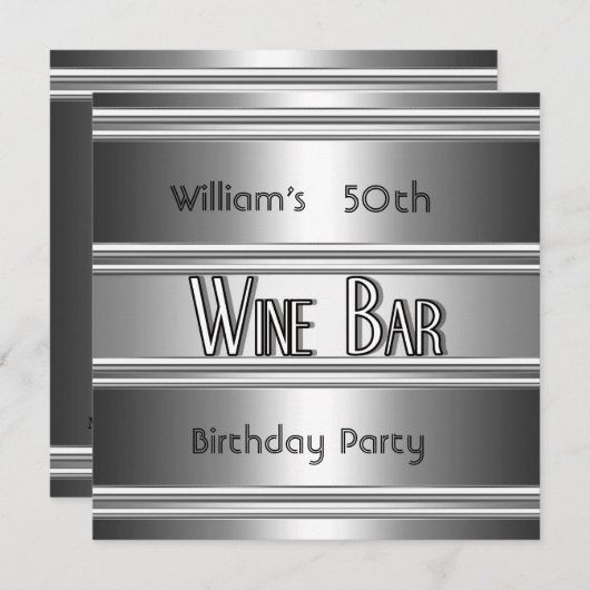 ワインバーメタルシルバーブラック50誕生日メンズ 招待状 (正面/裏面)