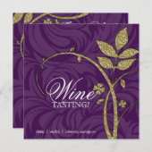 ワインパーティーテイスティングパープル金ゴールドリーフグリッター 招待状 (正面/裏面)