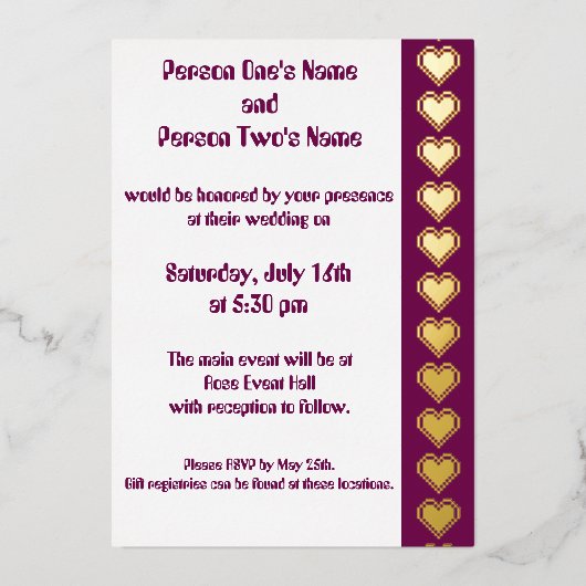 ワインフォイル招待状の8ビットハート 箔招待状 (正面)