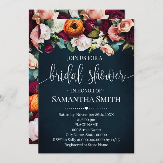 ワインフラワーズブライダルシャワーネイビー結婚式招待状 招待状 (正面/裏面)