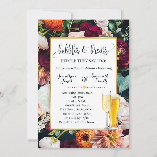 ワインフラワーネイビーバブルとブリュースウェディングシャワー 招待状 (正面)