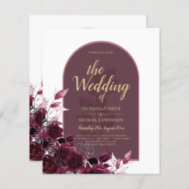 ワインブルゴーニュバラ金ゴールド文字ウェディング招待