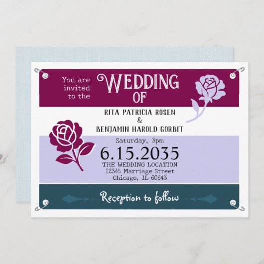 ワインブルーバラランナーレースよだれかけマラソ結婚ン 招待状 (正面/裏面)