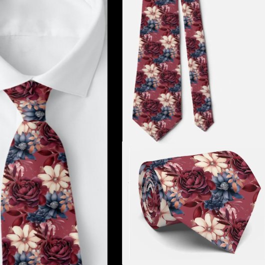 ワインブルーパープルブルーシャンパンローズピンクフローラル ネクタイ