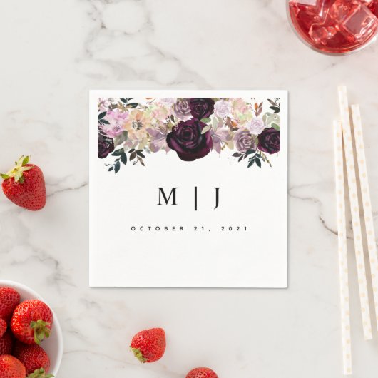 ワインプラムマウヴ秋フローラ結婚ズ スタンダードカクテルナプキン (インサイチュ)