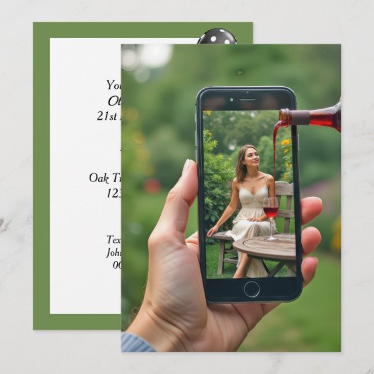 ワインボトルからグラスに赤ワインを注ぐ21歳の誕生日パーティー 招待状 (正面/裏面)