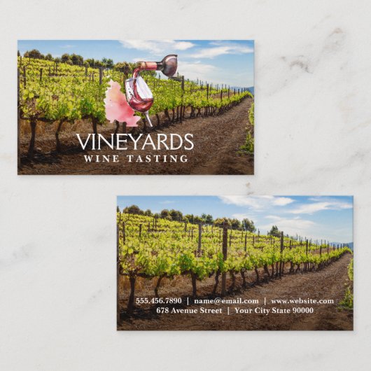 ワインボトルとガラスの水色 | ブドウ畑 名刺 (正面/裏面)