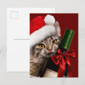 ワインボトルとクリスマス猫 インビテーションポストカード (正面/裏面)