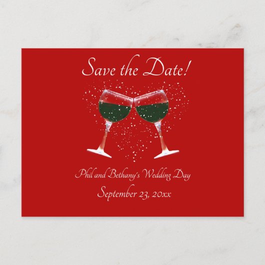 ワインボトルとグラスのハートのデザイン Save The Date インビテーションポストカード (正面)