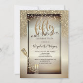 ワインボトルとグラス、グリッター、 コンフェッティ 50歳の誕生日 招待状 (正面)