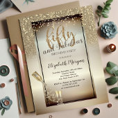 ワインボトルとグラス、グリッター、 コンフェッティ 50歳の誕生日 招待状