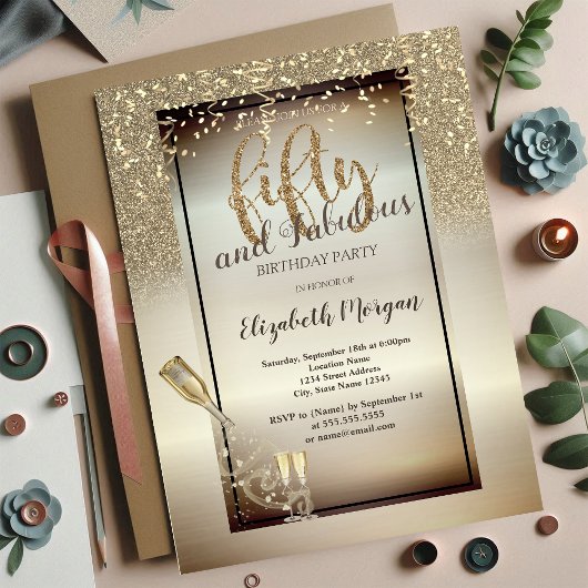 ワインボトルとグラス、グリッター、 コンフェッティ 50歳の誕生日 招待状