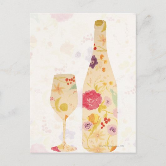 ワインボトルとグラス ポストカード (正面)