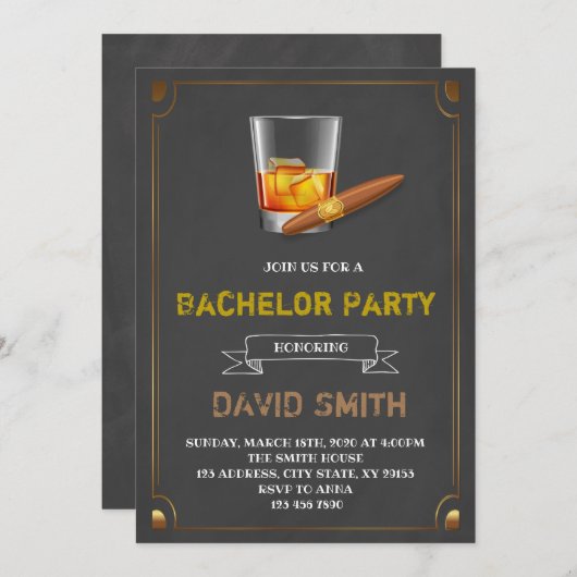 ワインボトルとタバコのテーマの独身パーティー招待状 招待状 (正面/裏面)