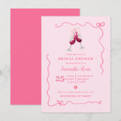 ワインボトルとリボンのブライダルシャワー バレンタイン手描き 招待状 (正面/裏面)