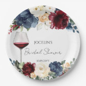 ワインボトルとワイングラスのブーゲンビリア ブライダルシャワー ペーパープレート (正面)