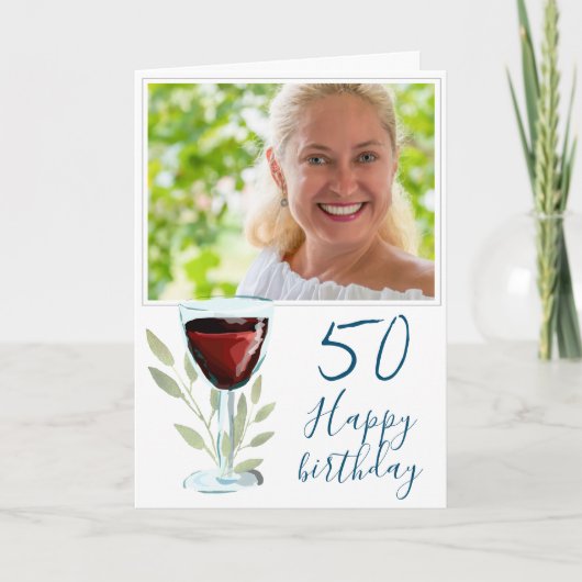 ワインボトルと枝の50歳誕生日写真カード カード (正面)