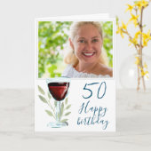 ワインボトルと枝の50歳誕生日写真カード カード (黄色い花)