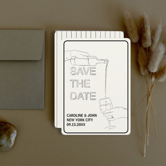 ワインボトルと落書きのウェディング　保存日付 招待状