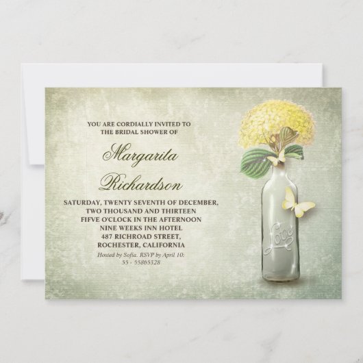 ワインボトルと黄色の花のブライダルシャワー招待状 招待状 (正面)
