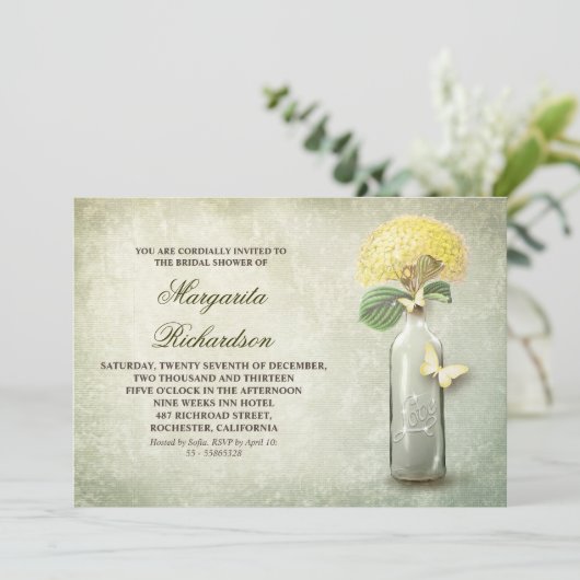 ワインボトルと黄色の花のブライダルシャワー招待状 招待状 (スタンド正面)
