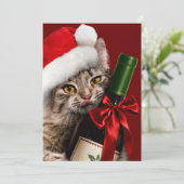 ワインボトルを持ったクリスマス猫 招待状 (スタンド正面)