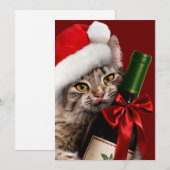 ワインボトルを持ったクリスマス猫 招待状 (正面/裏面)