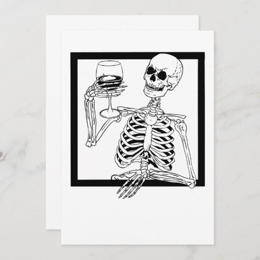 ワインボトルを片手にハロウィンの骸骨がお酒を飲んでる なんてユーモアセンスがあって面白いのでしょう 招待状 (正面/裏面)