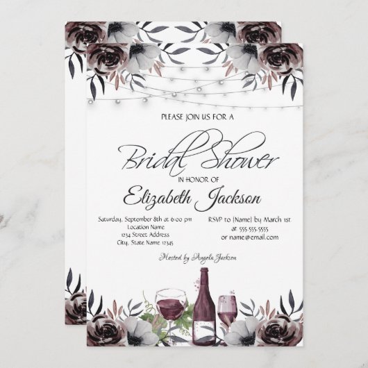 ワインボトルグラスライトバラブライダルシャワー 招待状 (正面/裏面)